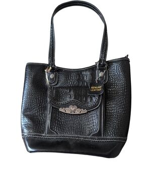 Brighton Women’s Black Genuine Leather Croc Embossed Tote Shoulder Bag Heart